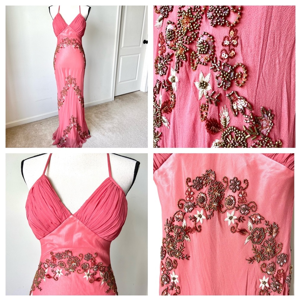 Vintage 90s 100% Silk Bead Dress Silk Dress Floral Prom Dress Fairy Cottage Pink - Picture 6 of 17